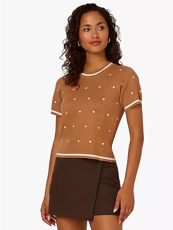Adrianna Papell Sweaters - Adrianna Papell Camel Polka Dot Short Sleeve Knit Top